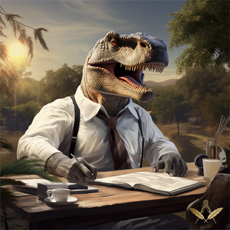 An illustration of a 'Masonic Dinosaur', a T-rex wearing a shirt, doing admin tasks