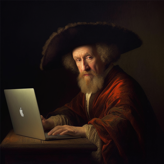 A painting of a historic Lodge secretary using a modern computer